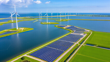 Aerial view of wind turbines and solar panel arrays on water with turbines renewable sustainabilit © Sabbir Media