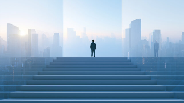 Executive Leadership Vision Facing Modern City Skyline with Copy Space