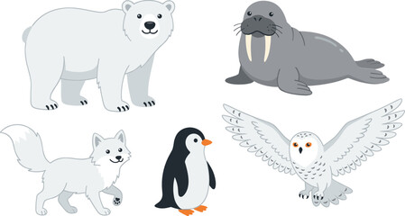 Fototapeta premium Cute Arctic and Antarctic Animal Vector Set Featuring Polar Bear Walrus Arctic Fox Penguin and Flying Snowy Owl Illustrations for Wildlife Education Graphic Designs