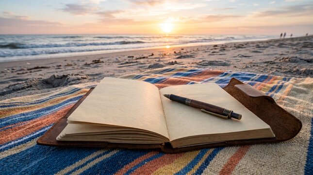 Open notebook and pen on beach during sunset  