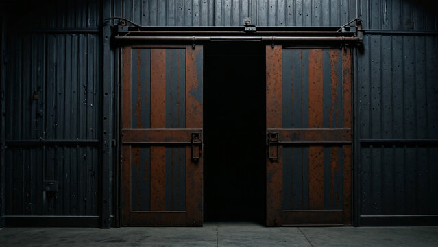 Rustic industrial sliding barn doors made of weathered steel and rusted metal