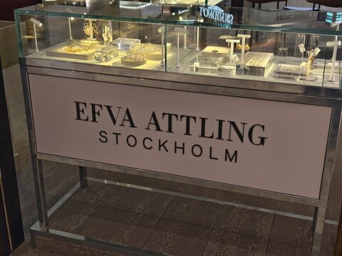 Stockholm, Sweden-Nov.27th 2025: Efva Attling Stockholm brand jewelry retail display counter inside a store.