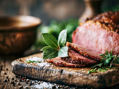 Smoked Pork Loin Sliced on Rustic Wooden Board AI Generative