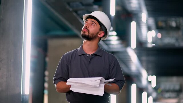 Helmeted engineer holding project documents and looking up inside a smart parking facility, inspecting automated parking systems and supervising modern garage operations with a focused professional pr