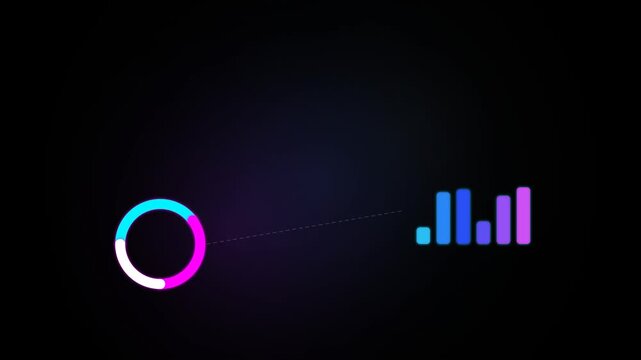 Animated neon futuristic circular progress loading bar and audio wave equalizer hud on dark background