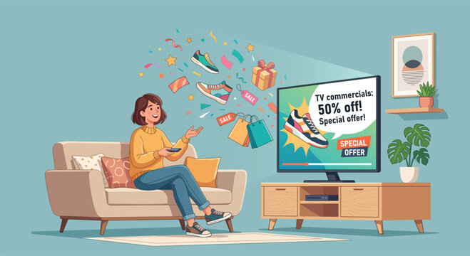 Vector illustration of a happy woman sitting on a sofa, holding a remote control and watching a smart TV commercial showcasing a 50% off special offer sale on sneakers with shopping bags and gift boxe