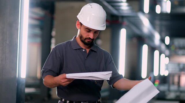 Helmeted engineer holding project documents and looking up inside a smart parking facility, inspecting automated parking systems and supervising modern garage operations with a focused professional pr