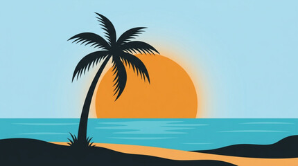 Fototapeta premium Palm tree silhouette against a vibrant tropical sun and calm ocean waves in a minimalist flat graphic illustration designed for summer travel backgrounds