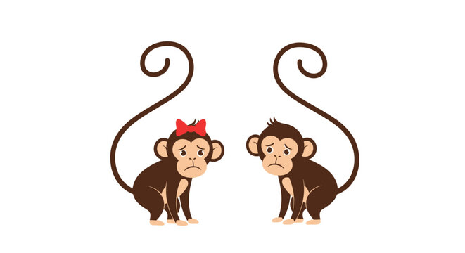 Pair of adorable cartoon monkeys with long curly tails looking sad and contemplative in a simple flat vector illustration.
