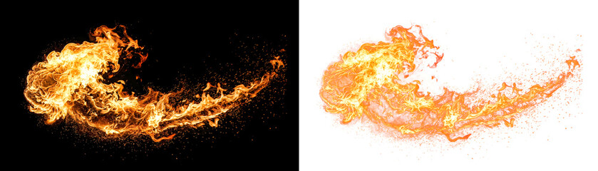 Fototapeta premium Fire flame elements, orange and yellow flames, burning sparks, fire effects