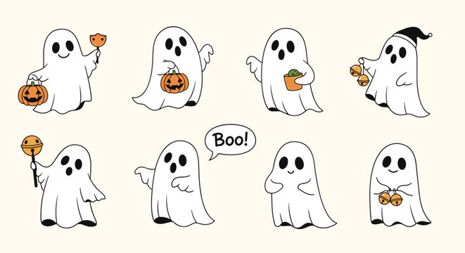 Set of eight adorable cartoon ghosts in various playful poses holding Halloween themed objects and seasonal treats for children.