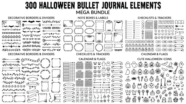 Halloween bullet journal elements mega bundle, 300 hand drawn spooky icons and decorative borders, black line art planner stickers and trackers