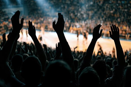Crowd cheering with hands raised at a sporting event.