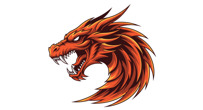 Powerful dragon head emblem featuring a fierce expression with sharp teeth and vibrant orange mane in a detailed graphic style.