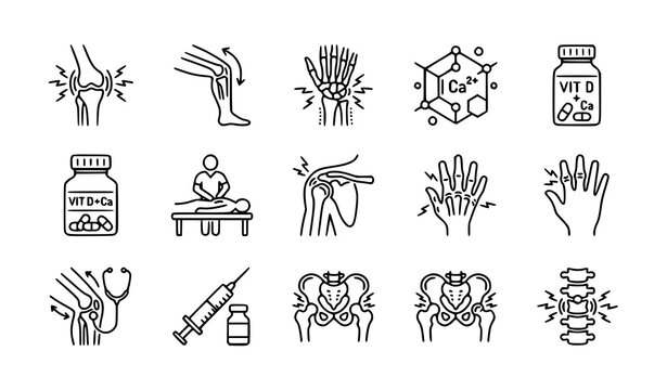 Rheumatology joint pain vector icons set linear bone anatomy osteopathic treatment graphics