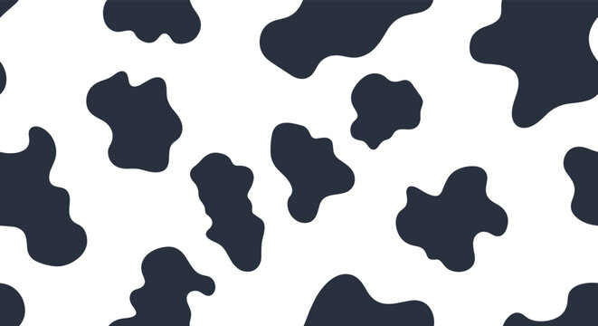 Dark grey and white cow print seamless pattern featuring irregular organic shapes mimicking the natural texture of animal hide for design use.