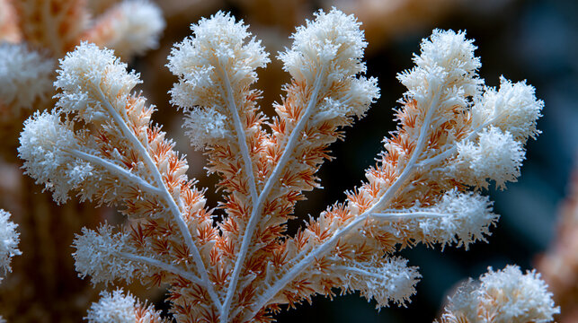 Acropora coral skeletal matrix bleached and dried, calcium carbonate aragonite crystals forming branching trabecular architecture, sclerodermite bundles radiating from each septum, surface microstru