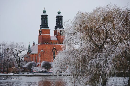 Winter landscape of Kloster kyrka with red brick twin towers in Eskilstuna, Sweden, snow-covered weeping willow tree in the foreground.