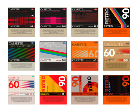 Retro cassette tape label collection with colorful vintage 1980s cover templates