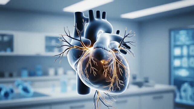 3D anatomical illustration of a human heart with glowing arteries in a laboratory background