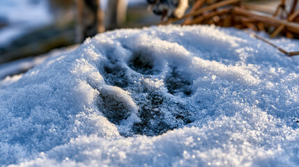 Obraz premium Fox canid paw print pressed into fresh powder snow, vulpes track pattern showing four digit oval pad impressions with claw tips, negative space track in crystalline snowpack, wildlife field sign, wi