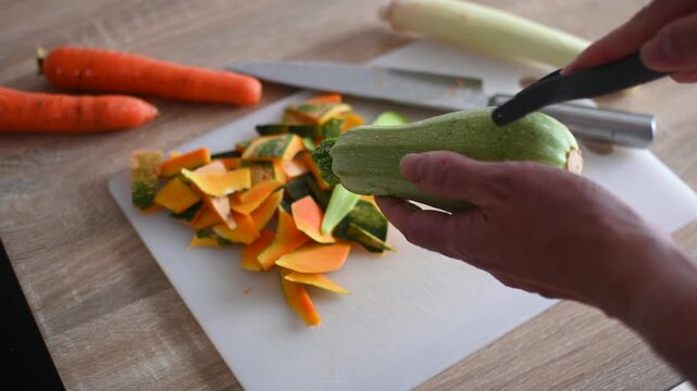 Peeling Fresh Zucchini with Vegetable Peeler in Kitchen