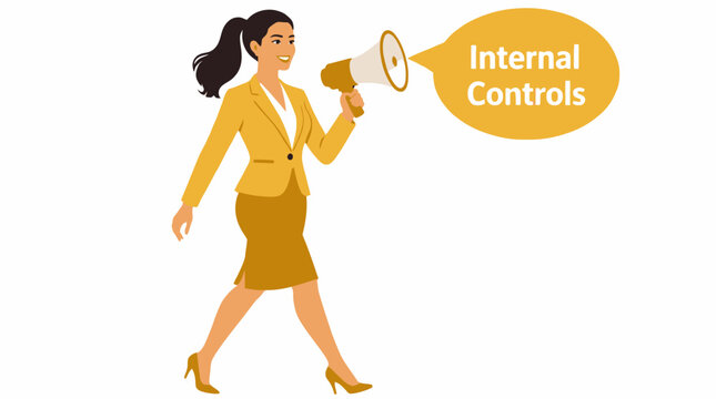 Businesswoman using megaphone for internal controls announcement.