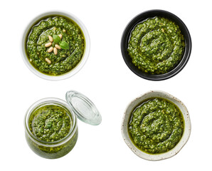 Obraz premium Fresh Basil Pesto Sauce in Bowls and Jar, Italian Cuisine Ingredient