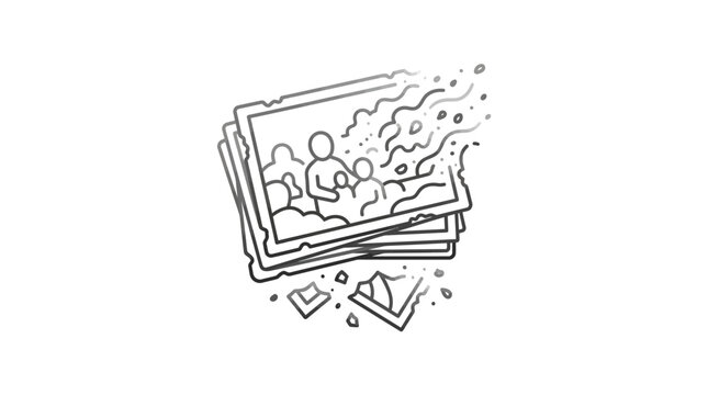 Stacked instant photos dissolving into particles line art.