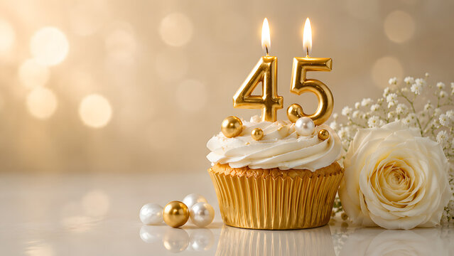 Elegant 45th Birthday Celebration Cupcake with Gold Candles and White Rose Decoration