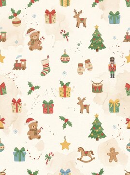Cute vintage Christmas seamless pattern with teddy bear, reindeer, and gifts for kids fabric and wrapping paper. Retro Christmas seamless background featuring festive toys, christmas trees, 