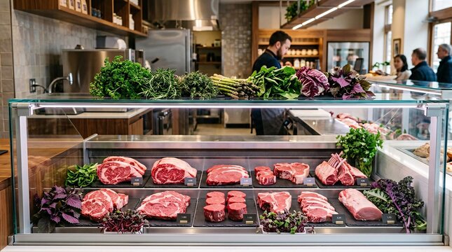 Fresh premium cuts of raw red meat neatly arranged behind a pristine glass display counter in a modern high-end butcher shop with garnish.