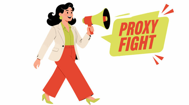 Woman with megaphone shouting proxy fight message.