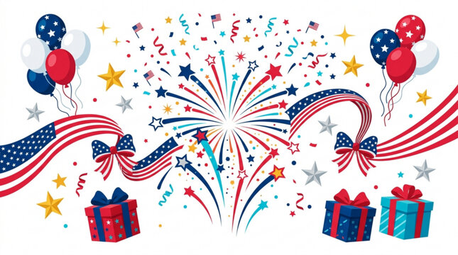 American independence day celebration with fireworks balloons