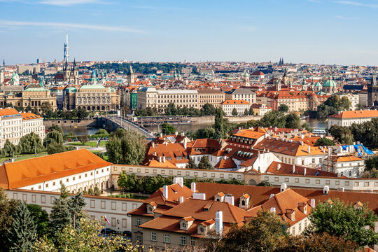 Prague cityscape overlooking Vltava River buildings