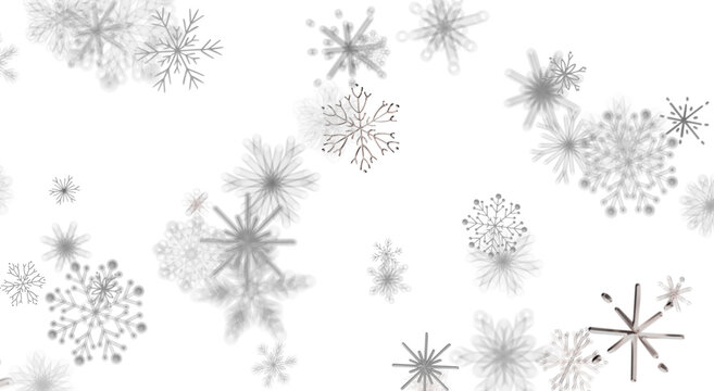 Abstract white snowflakes falling on white background. Perfect for winter holidays, design, and Chri