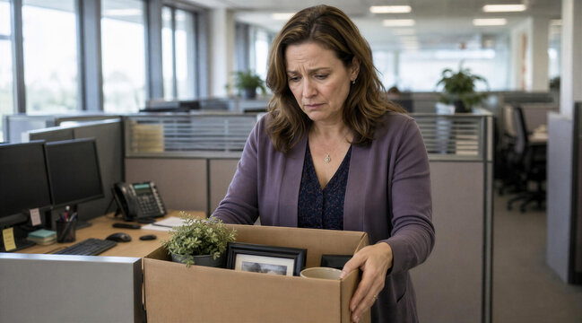 Sad woman packing belongings in box after corporate office layoff