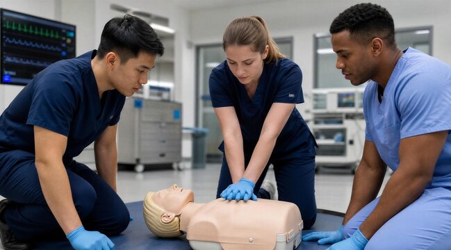 Medical Students Practicing CPR on Mannequin in Training Center