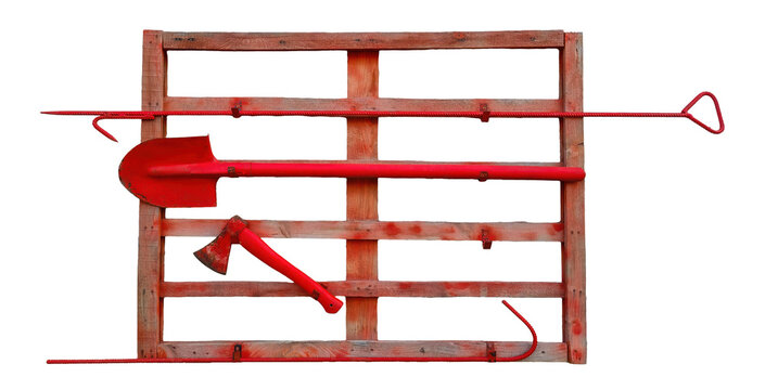 Red fire safety shield with essential firefighting tools isolated on transparent background