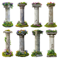 Naklejka premium PNG Ancient columns adorned with flowers on transparent background