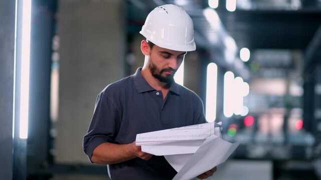 Helmeted engineer holding project documents and looking up inside a smart parking facility, inspecting automated parking systems and supervising modern garage operations with a focused professional pr