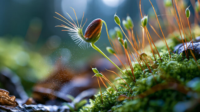 Bryophyte moss capsule with intact operculum and peristome teeth at dehiscence point, spore mass releasing from seta stalk in extreme macro, botanical reproduction cycle detail, bryology science edu