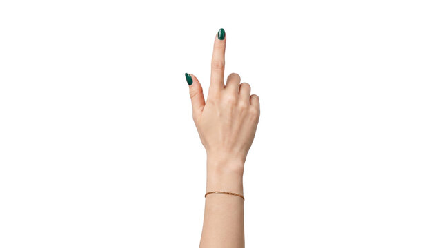 PNG Transparent Female hand with raised index finger, green nail polish and bracelet, isolated on a transparent background, symbolizing touch, selection, pointing, or digital interaction.