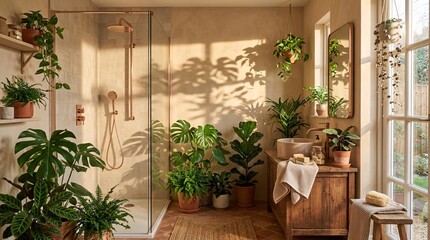 Fototapeta premium Peaceful botanical bathroom interior bathed in golden hour sunlight with a modern walk-in glass shower and lush green potted house plants.