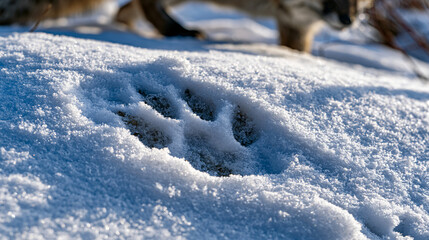 Obraz premium Fox canid paw print pressed into fresh powder snow, vulpes track pattern showing four digit oval pad impressions with claw tips, negative space track in crystalline snowpack, wildlife field sign, wi