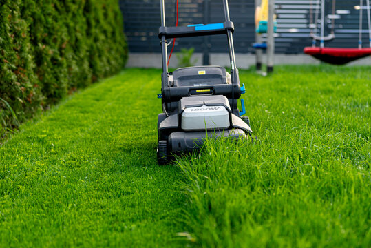 Electric lawn mower cutting overgrown green grass lawn