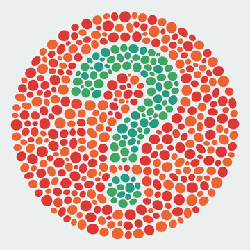 A green question mark inside a red color blindness test