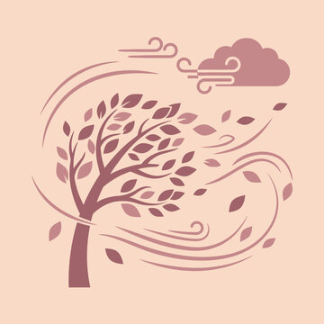 A stylized illustration of a tree bending in the strong wind