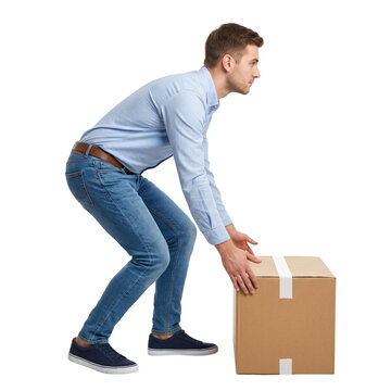 Man lifting cardboard box with correct posture, isolated on white