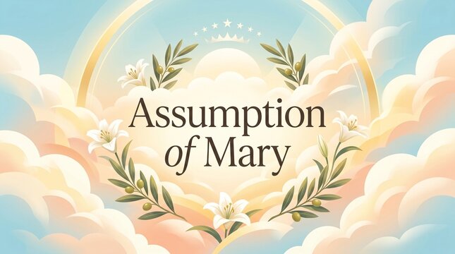 Assumption of Mary Holiday Poster With Luminous Clouds Stars Lilies